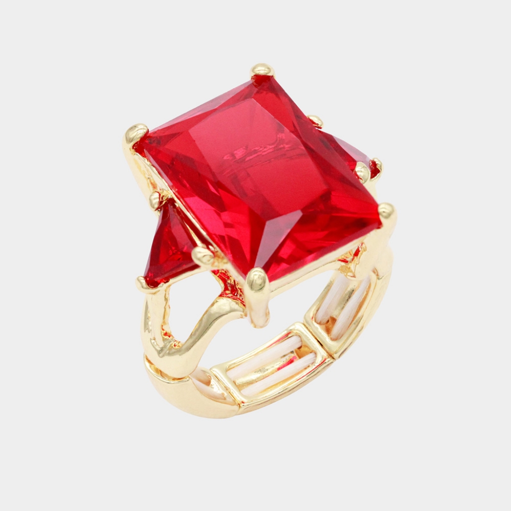 Red Gold Emerald Cut Crystal Stretch Cocktail Ring Fashion Statement Jewelry